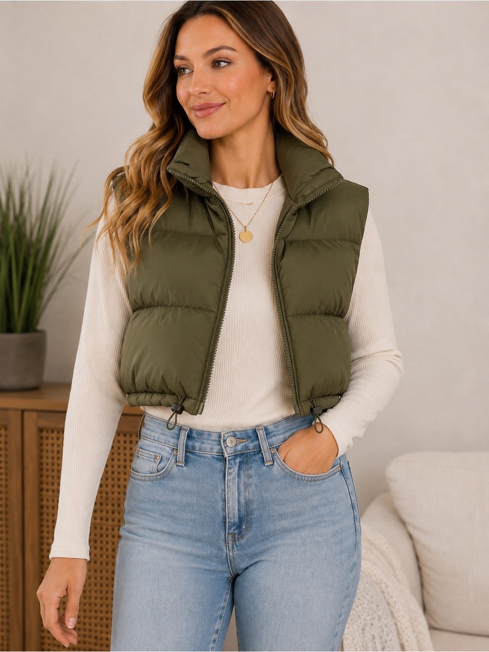 Thread & Supply Cropped Puffer Vest Small Olive Green Zip Front Lightweight
